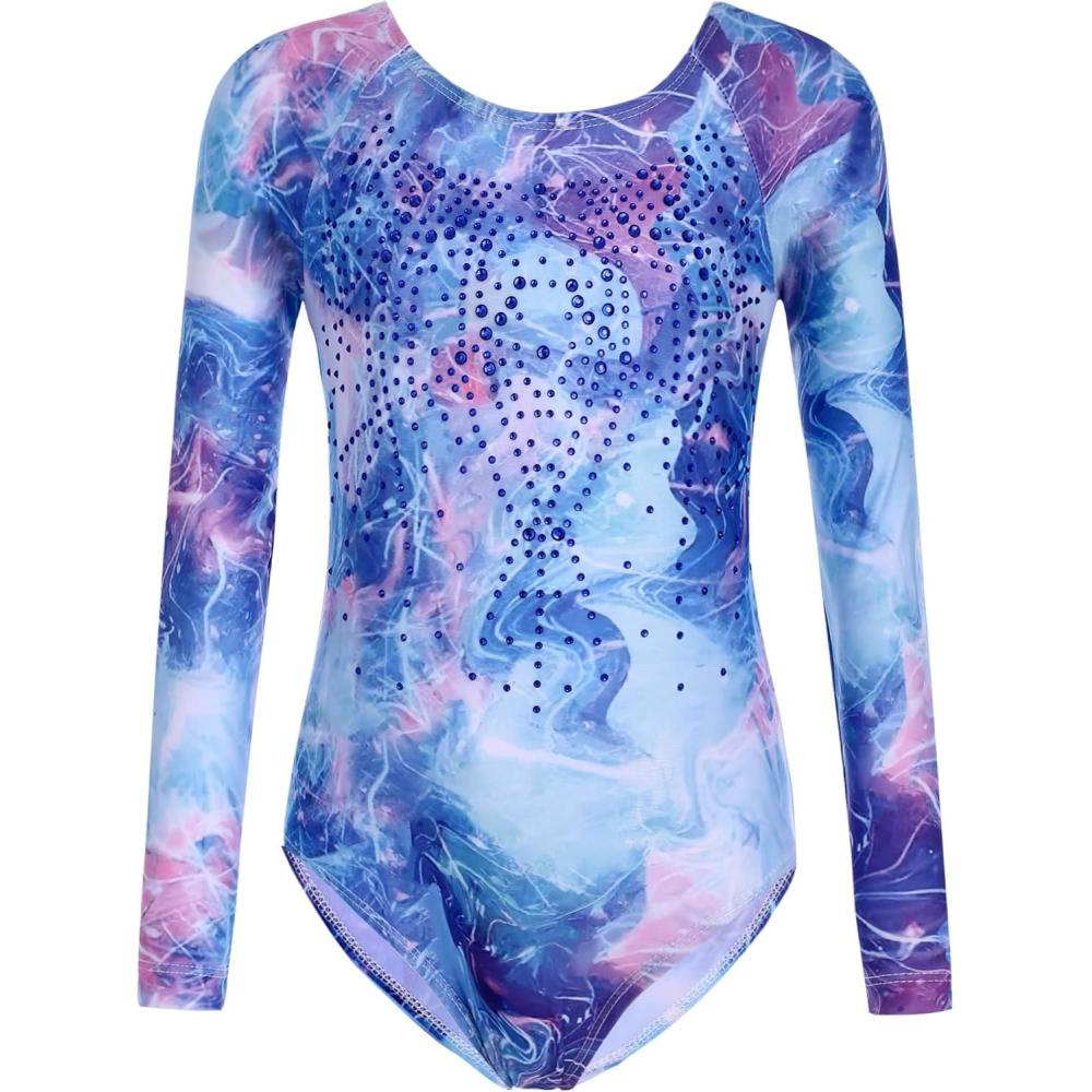 imageZaclotre Kid Girls Gymnastic Leotard Long Sleeve Color Gradient Sparkly Ballet Dance One Piece OutfitShiny Blue Spark