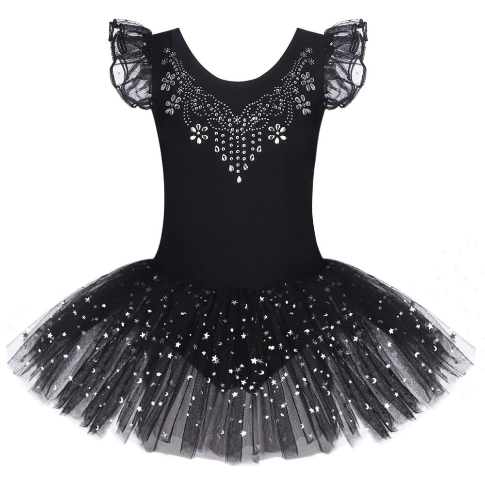 imageZaclotre Kid Girls Ruffle Sleeve Ballet Skirted Leotard Shiny Dance Tutu DressesBlack