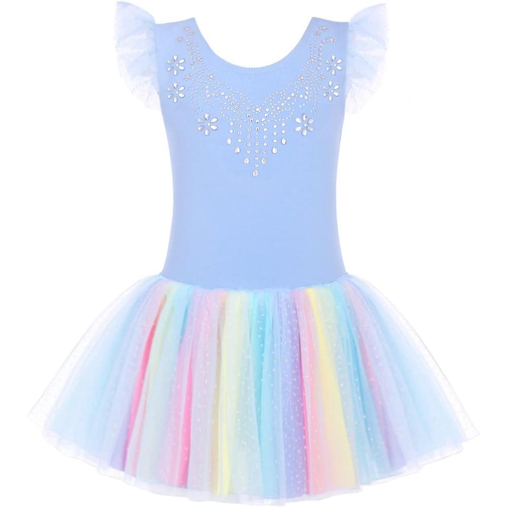 imageZaclotre Kid Girls Ruffle Sleeve Ballet Skirted Leotard Shiny Dance Tutu DressesBlue Rainbow