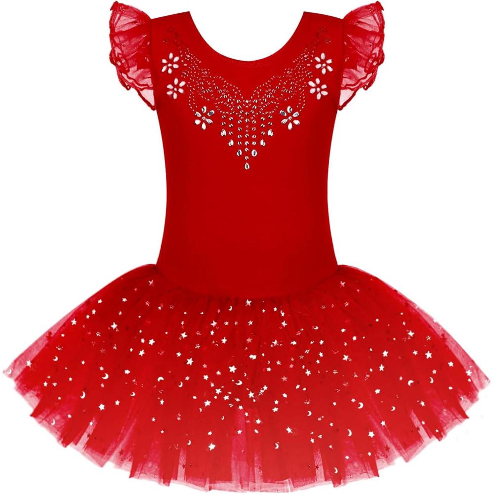 imageZaclotre Kid Girls Ruffle Sleeve Ballet Skirted Leotard Shiny Dance Tutu DressesChristmas Red