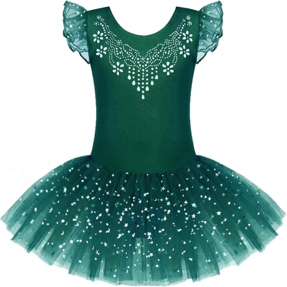 imageZaclotre Kid Girls Ruffle Sleeve Ballet Skirted Leotard Shiny Dance Tutu DressesDark Green