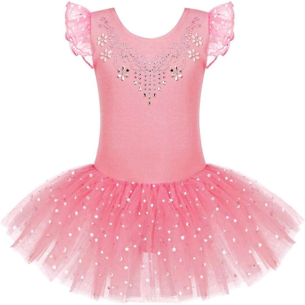 imageZaclotre Kid Girls Ruffle Sleeve Ballet Skirted Leotard Shiny Dance Tutu DressesDark Pink