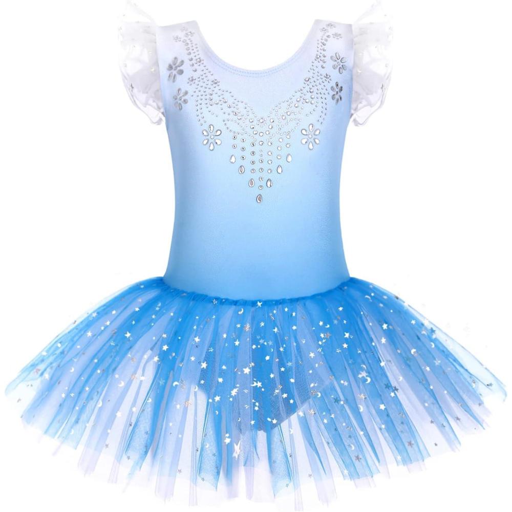imageZaclotre Kid Girls Ruffle Sleeve Ballet Skirted Leotard Shiny Dance Tutu DressesDream Blue
