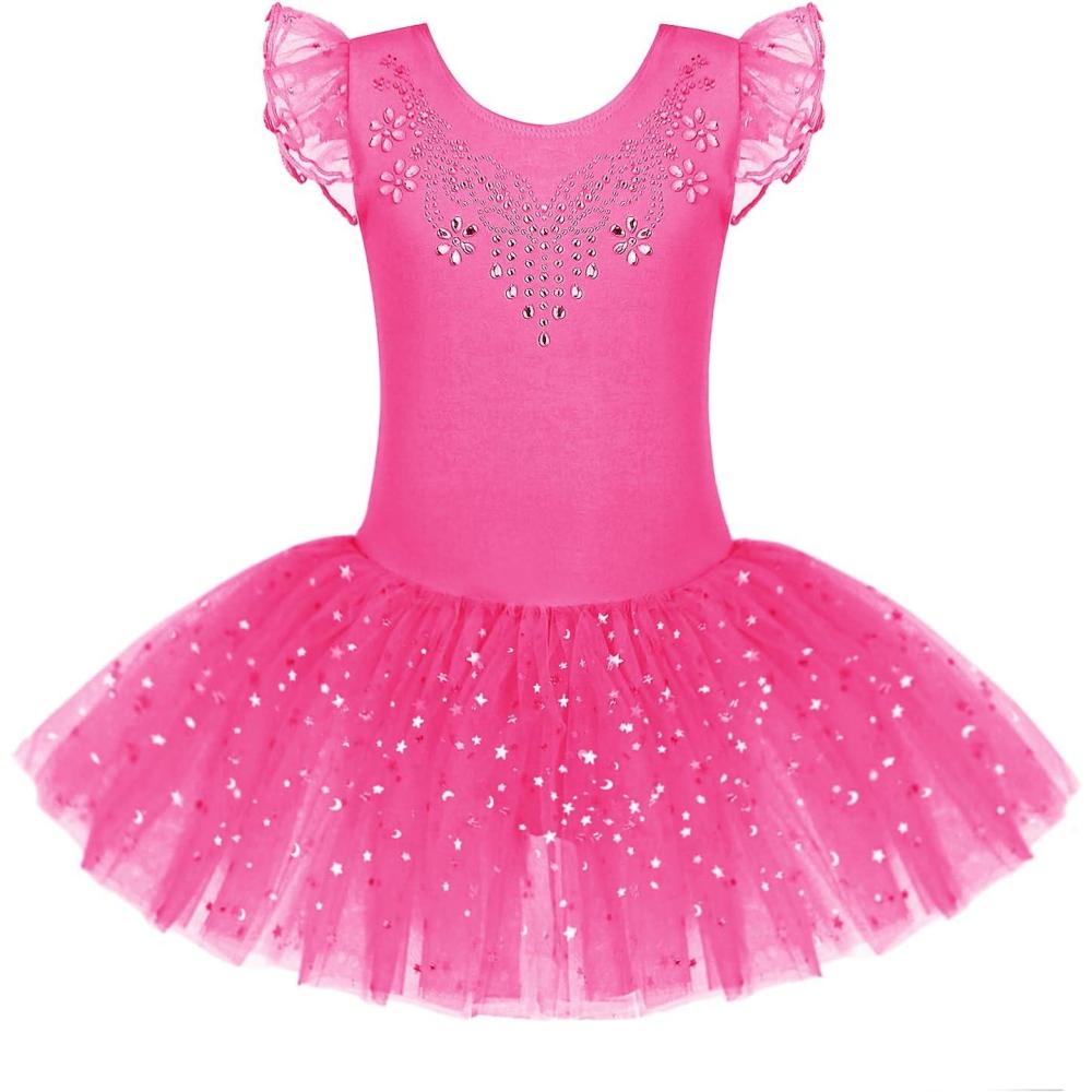 imageZaclotre Kid Girls Ruffle Sleeve Ballet Skirted Leotard Shiny Dance Tutu DressesHot Pink
