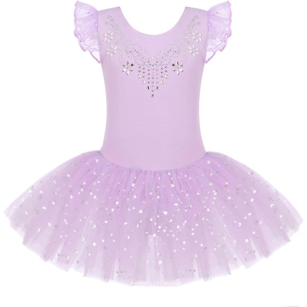imageZaclotre Kid Girls Ruffle Sleeve Ballet Skirted Leotard Shiny Dance Tutu DressesLilac