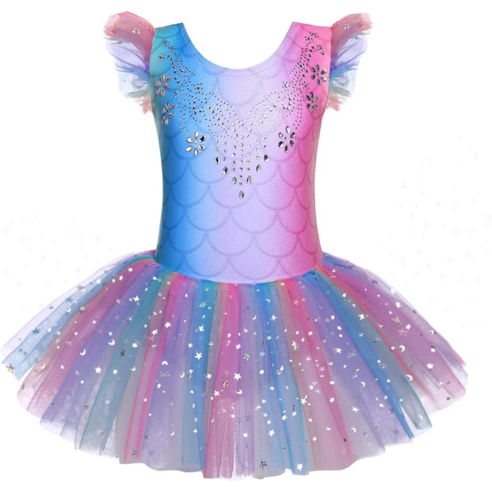 imageZaclotre Kid Girls Ruffle Sleeve Ballet Skirted Leotard Shiny Dance Tutu DressesRainbow Mermaid