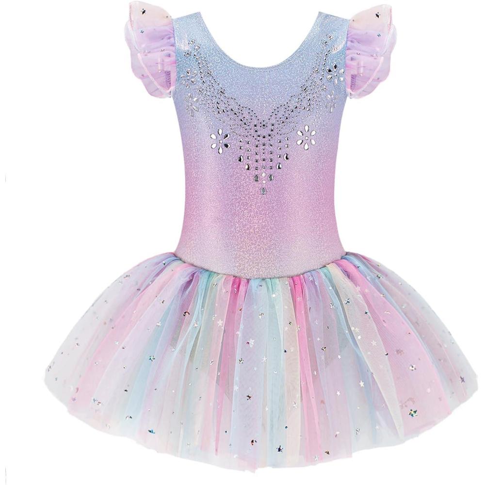 imageZaclotre Kid Girls Ruffle Sleeve Ballet Skirted Leotard Shiny Dance Tutu DressesShiny Rainbow