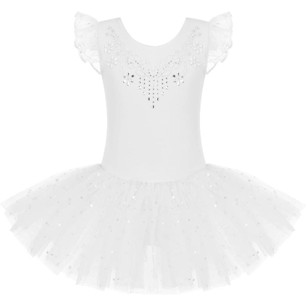 imageZaclotre Kid Girls Ruffle Sleeve Ballet Skirted Leotard Shiny Dance Tutu DressesWhite