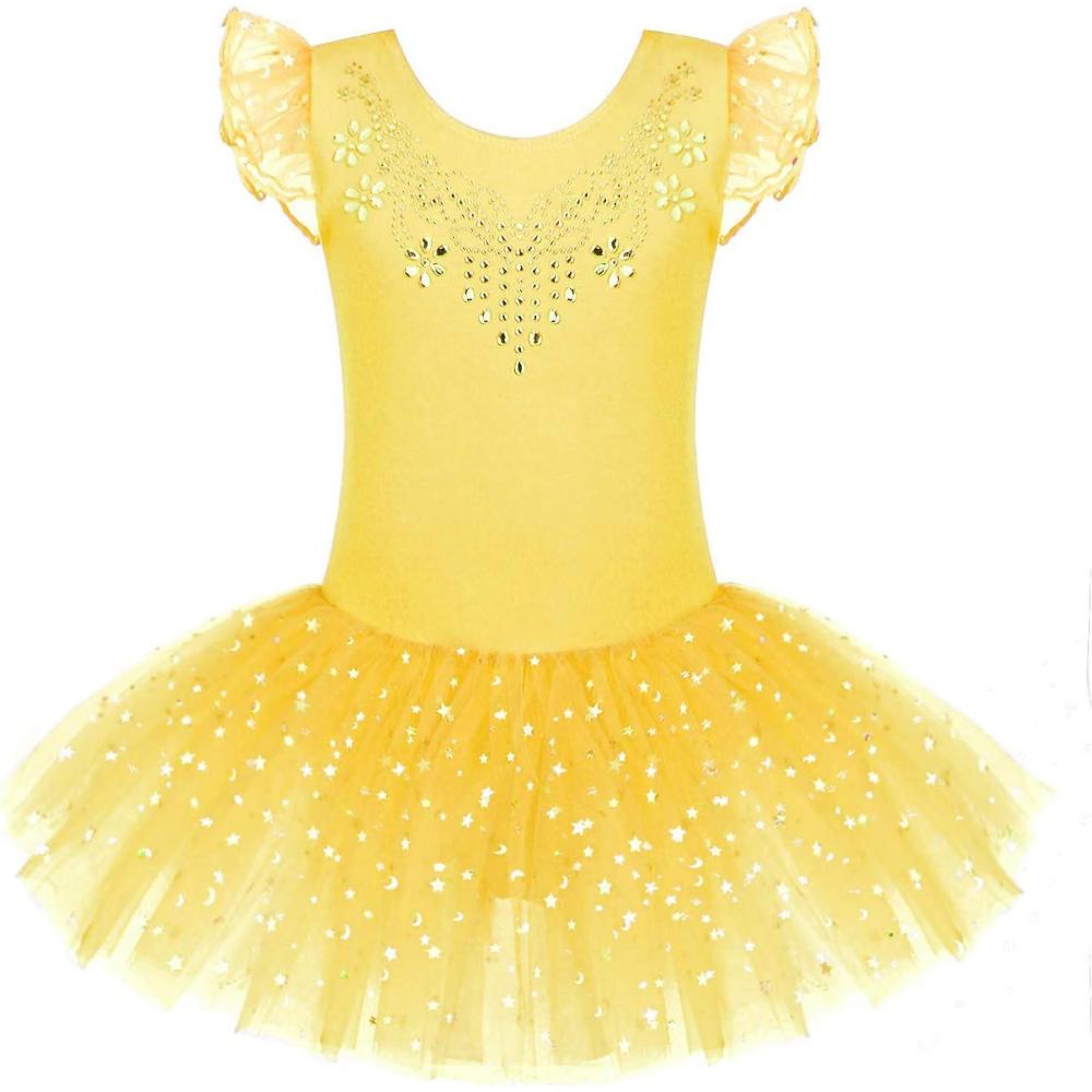 imageZaclotre Kid Girls Ruffle Sleeve Ballet Skirted Leotard Shiny Dance Tutu DressesYellow