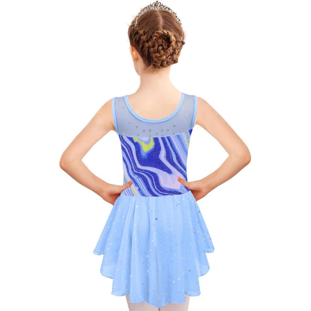 imageZaclotre Kid Girls Sparkly Dance Leotard with Skirt HiLow Shiny Ballet Dance DressesBlue Marble