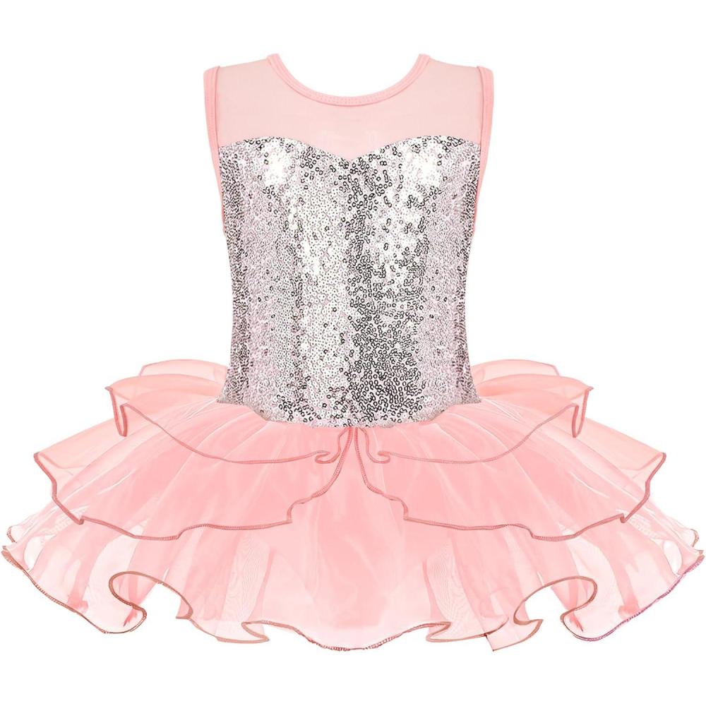 imageZaclotre Kids Sequin Ballet Leotards Sleevesless Mesh Tutu Dress Dance Ballerina OutfitsBallet Pink