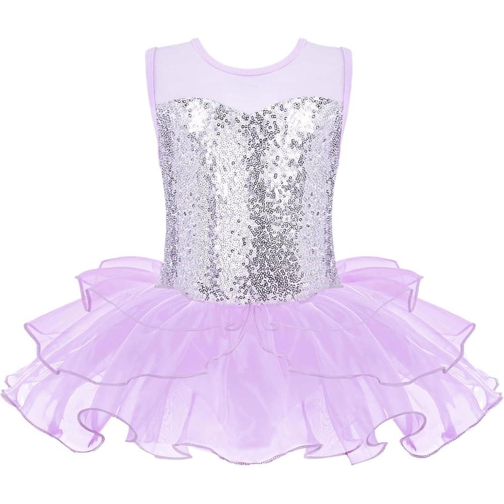 imageZaclotre Kids Sequin Ballet Leotards Sleevesless Mesh Tutu Dress Dance Ballerina OutfitsLilac