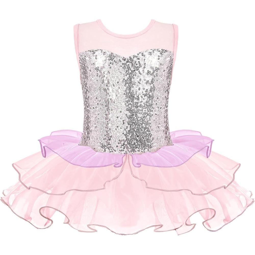 imageZaclotre Kids Sequin Ballet Leotards Sleevesless Mesh Tutu Dress Dance Ballerina OutfitsPink Purple