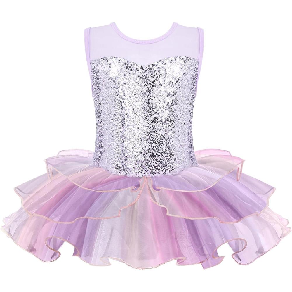 imageZaclotre Kids Sequin Ballet Leotards Sleevesless Mesh Tutu Dress Dance Ballerina OutfitsPurple Pink