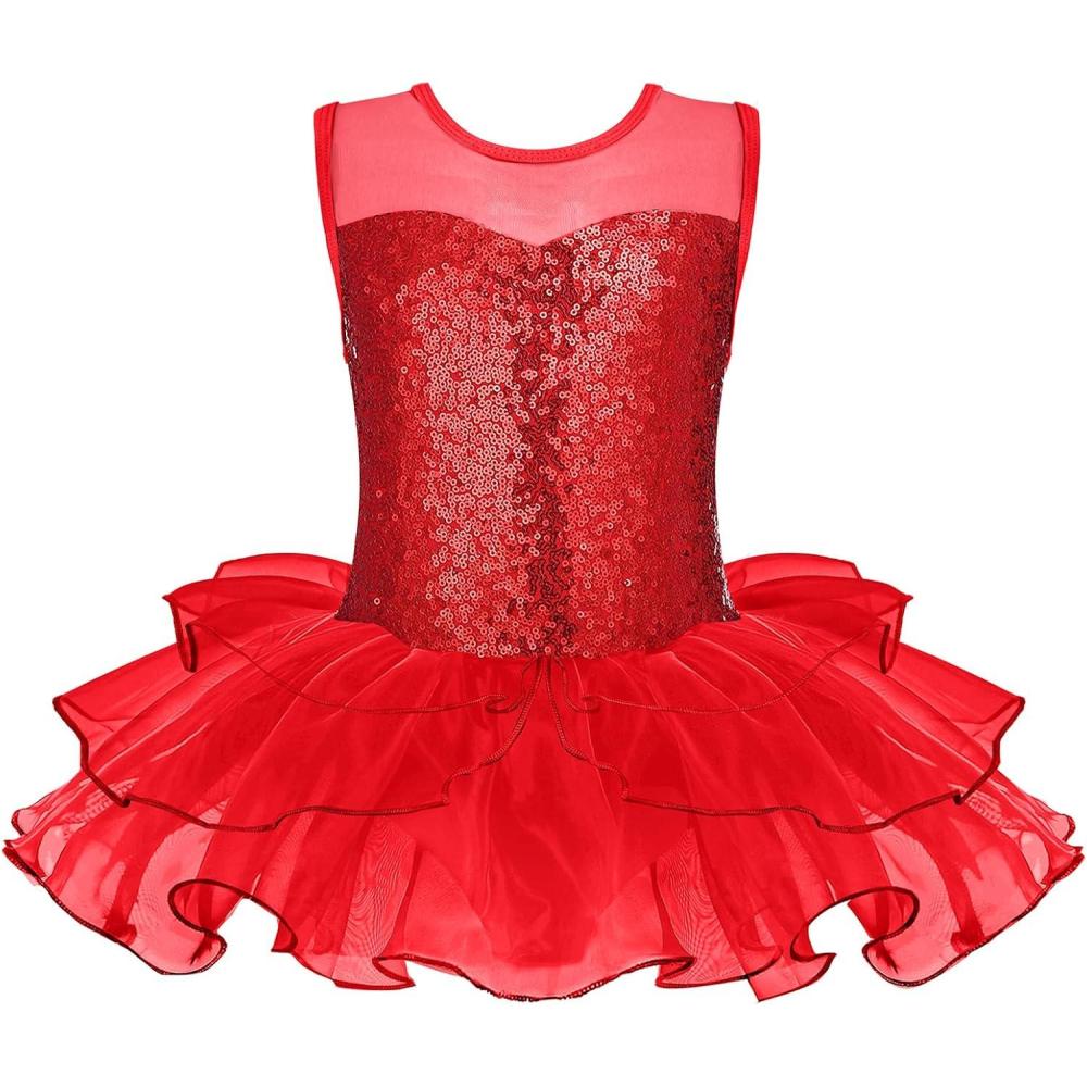 imageZaclotre Kids Sequin Ballet Leotards Sleevesless Mesh Tutu Dress Dance Ballerina OutfitsRed