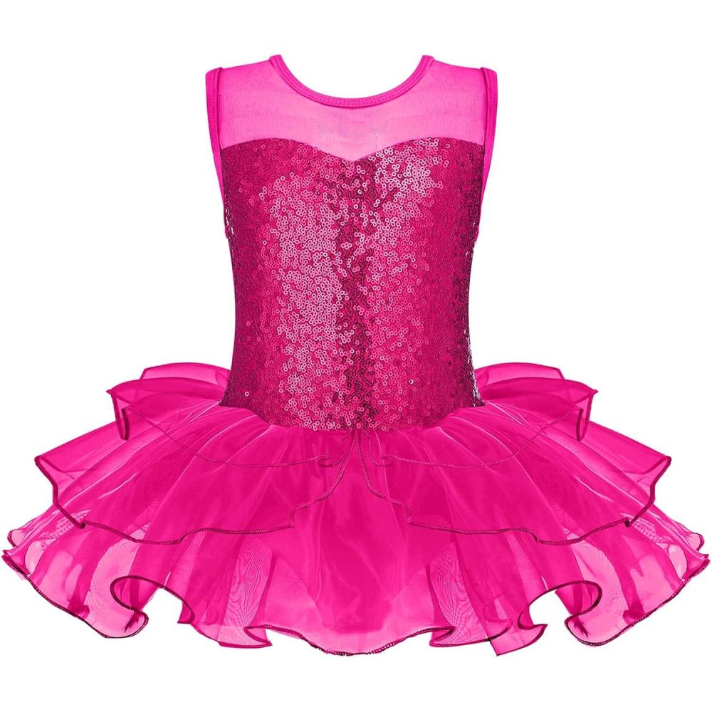 imageZaclotre Kids Sequin Ballet Leotards Sleevesless Mesh Tutu Dress Dance Ballerina OutfitsRose Red