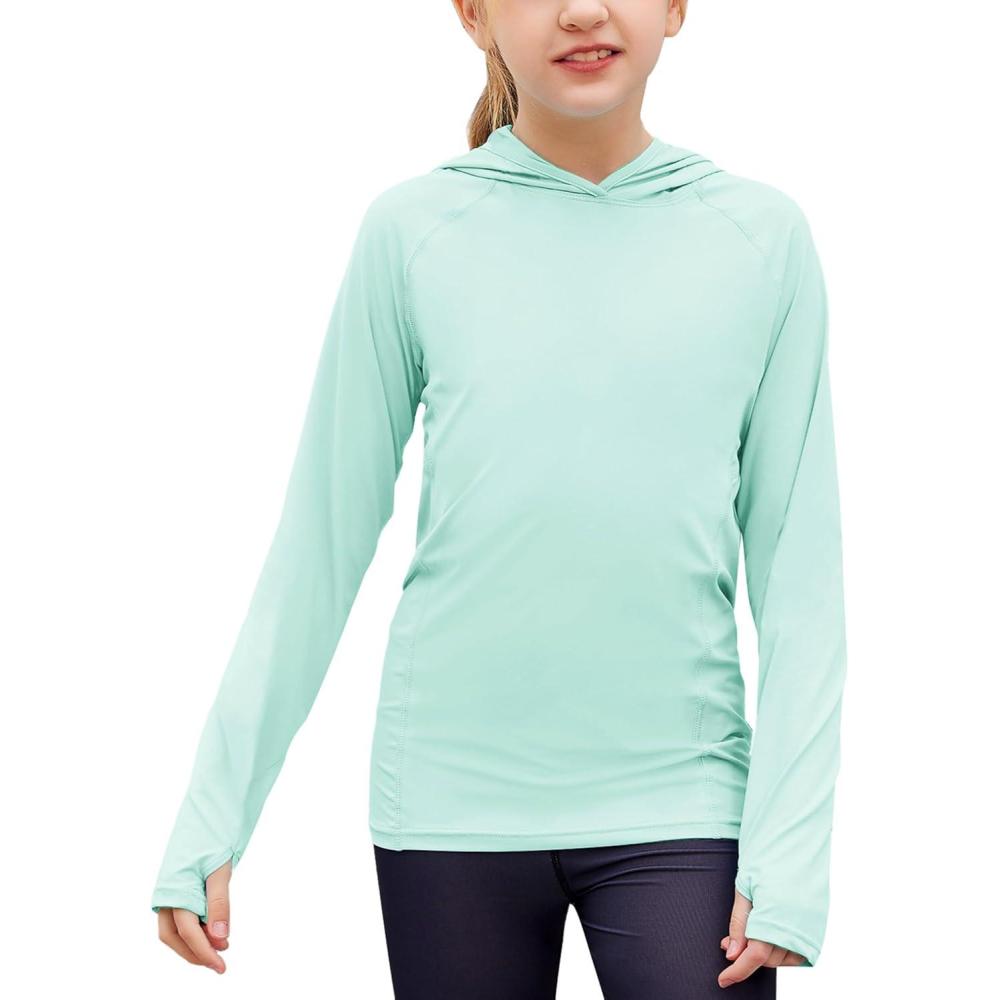 imageZaclotre Kids UPF 50 Sun Shirt Girls Quick Dry Sun Protection Clothing Athletic Hoodie with ThumbholesAqua Green