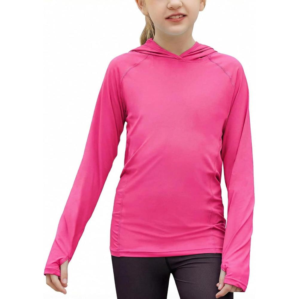 imageZaclotre Kids UPF 50 Sun Shirt Girls Quick Dry Sun Protection Clothing Athletic Hoodie with ThumbholesFuchsia