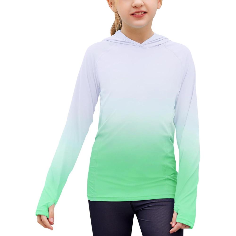 imageZaclotre Kids UPF 50 Sun Shirt Girls Quick Dry Sun Protection Clothing Athletic Hoodie with ThumbholesGradient Green