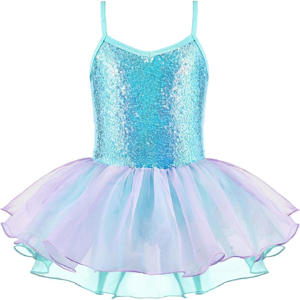 imageZaclotre Little Girls Sequin Leotard Sparkly Strap Ballet Leotards Tutu Dress Ballerina Outfit Dance Costume for KidsAqua
