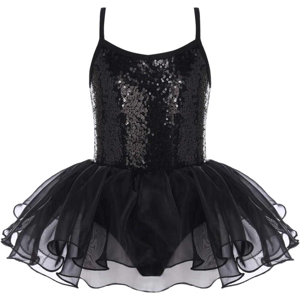 imageZaclotre Little Girls Sequin Leotard Sparkly Strap Ballet Leotards Tutu Dress Ballerina Outfit Dance Costume for KidsBlack