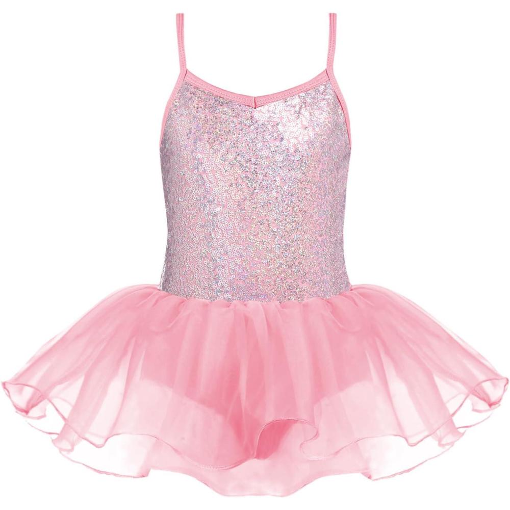 imageZaclotre Little Girls Sequin Leotard Sparkly Strap Ballet Leotards Tutu Dress Ballerina Outfit Dance Costume for KidsPink