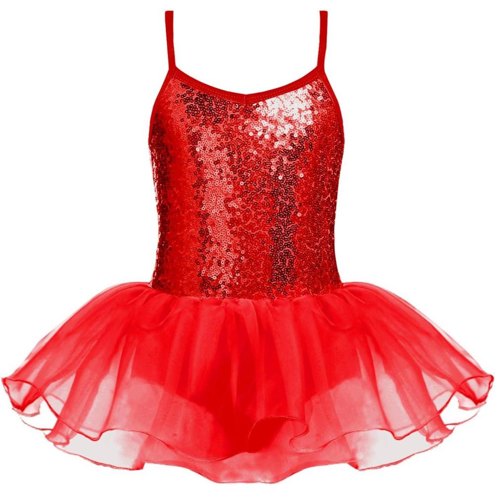 imageZaclotre Little Girls Sequin Leotard Sparkly Strap Ballet Leotards Tutu Dress Ballerina Outfit Dance Costume for KidsRed