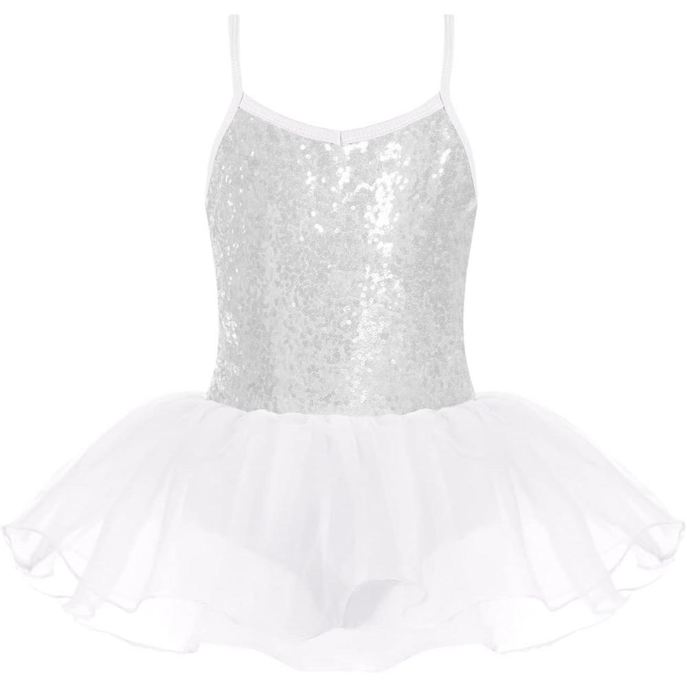 imageZaclotre Little Girls Sequin Leotard Sparkly Strap Ballet Leotards Tutu Dress Ballerina Outfit Dance Costume for KidsWhite