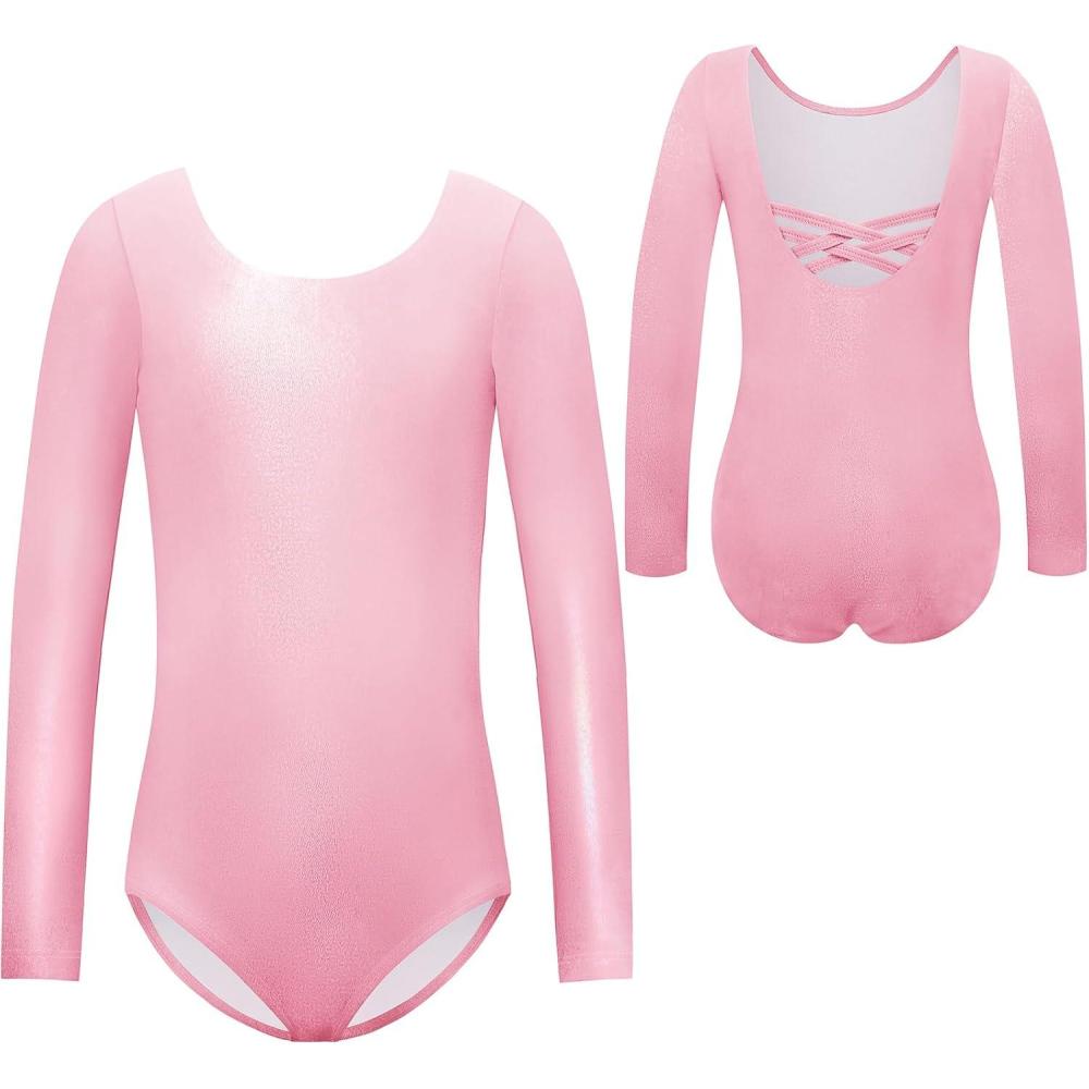 imageZaclotre Team Basic Leotards for Girls Long Sleeve Crisscross Ballet Dance Gymnastic Outfits for KidsSparkle Pink