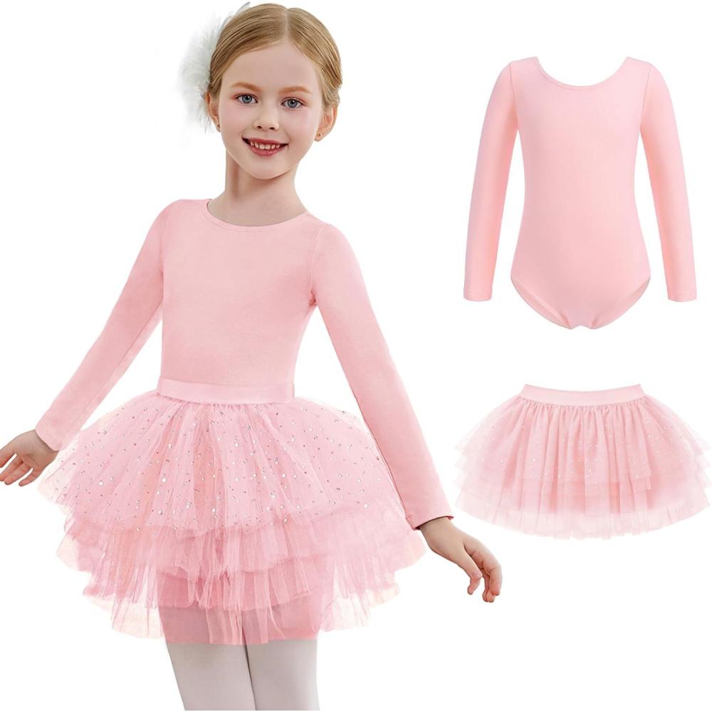 imageZaclotre Toddler Girls Ballet Leotards with Tutu 4Layers Tiered Long Sleeve Ballerina Dance CostumesBallet Pink