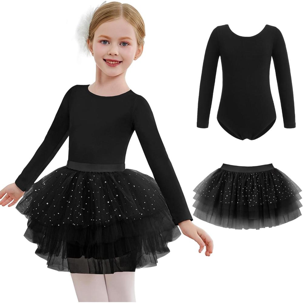 imageZaclotre Toddler Girls Ballet Leotards with Tutu 4Layers Tiered Long Sleeve Ballerina Dance CostumesBlack