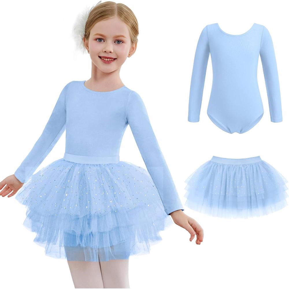 imageZaclotre Toddler Girls Ballet Leotards with Tutu 4Layers Tiered Long Sleeve Ballerina Dance CostumesBlue