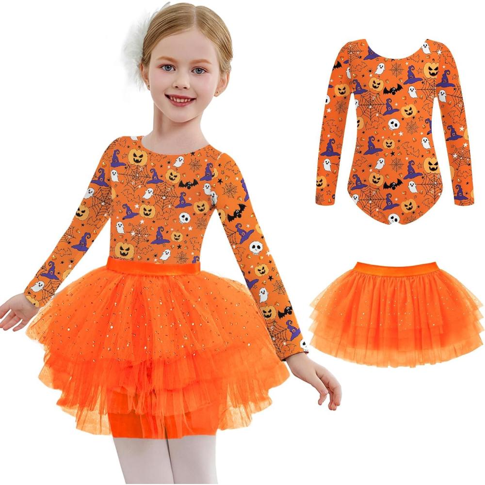 imageZaclotre Toddler Girls Ballet Leotards with Tutu 4Layers Tiered Long Sleeve Ballerina Dance CostumesHalloween Orange