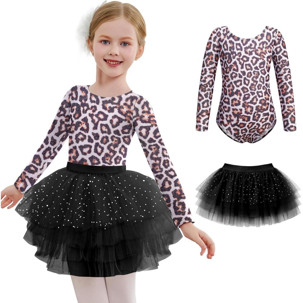 imageZaclotre Toddler Girls Ballet Leotards with Tutu 4Layers Tiered Long Sleeve Ballerina Dance CostumesLeopard Black