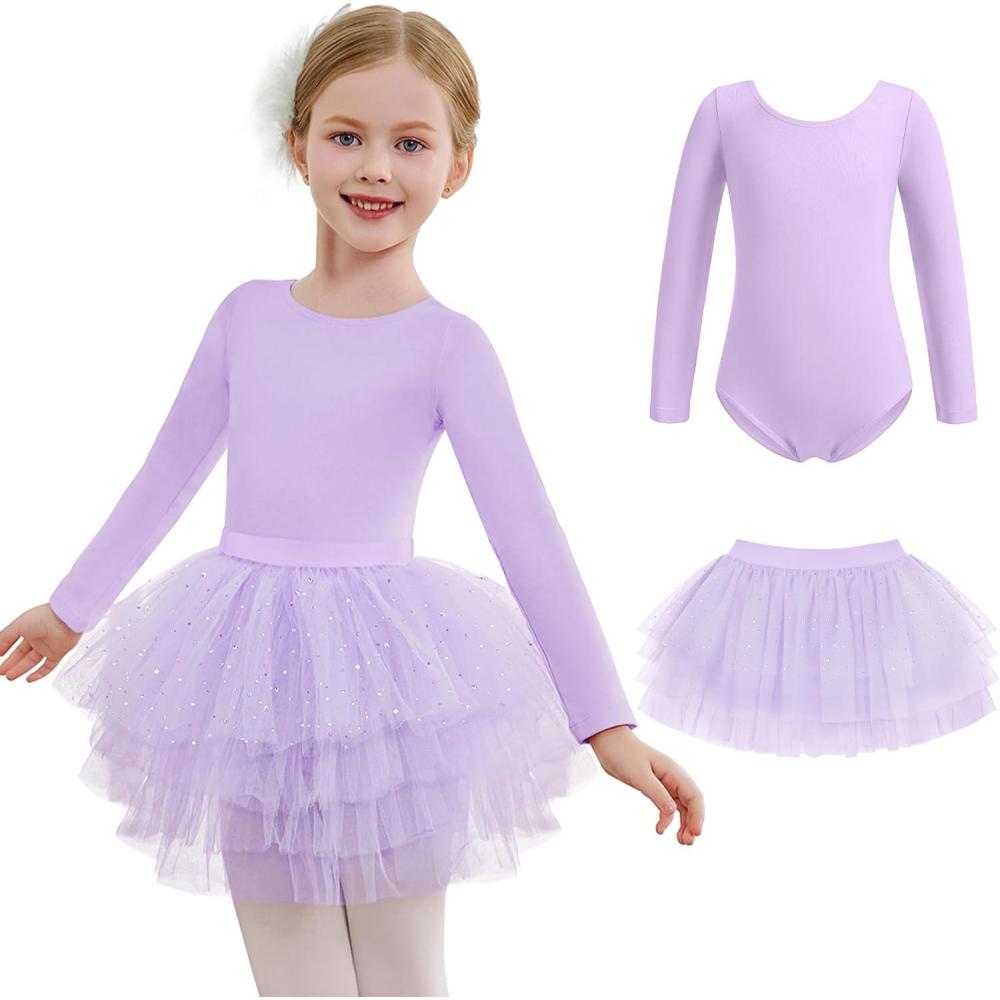 imageZaclotre Toddler Girls Ballet Leotards with Tutu 4Layers Tiered Long Sleeve Ballerina Dance CostumesLilac