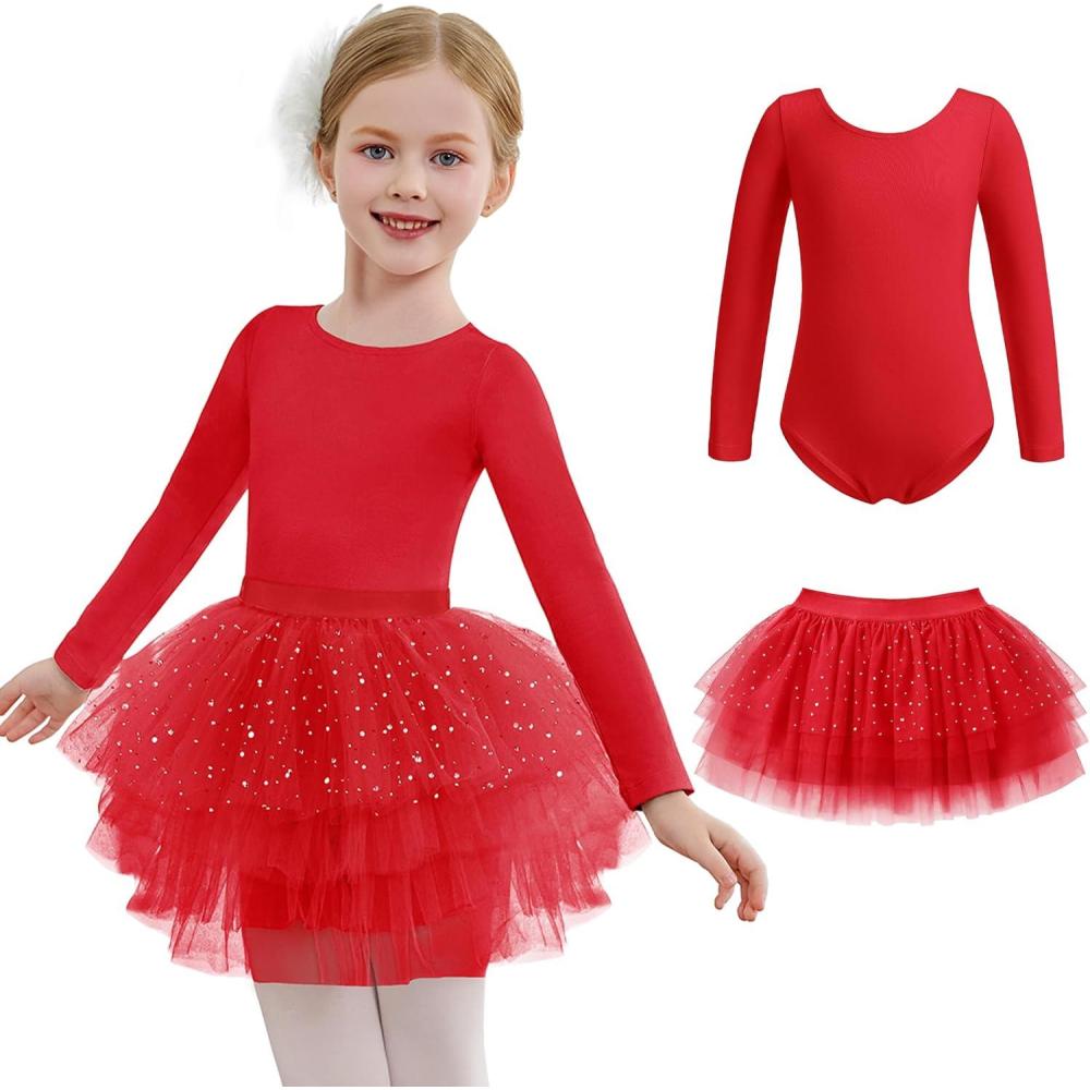 imageZaclotre Toddler Girls Ballet Leotards with Tutu 4Layers Tiered Long Sleeve Ballerina Dance CostumesRed