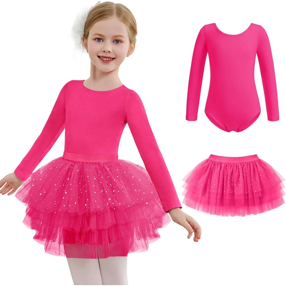 imageZaclotre Toddler Girls Ballet Leotards with Tutu 4Layers Tiered Long Sleeve Ballerina Dance CostumesRose Red