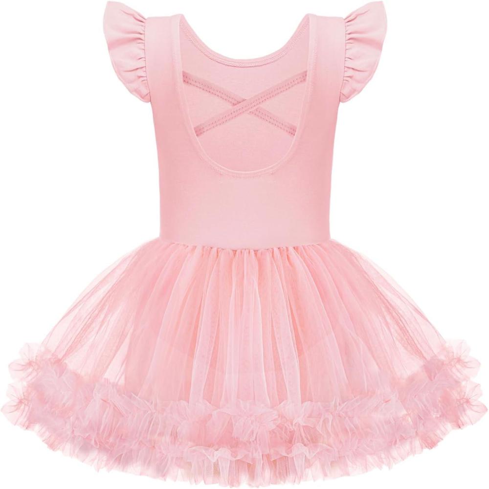 imageZaclotre Tutu Dance Dresses for Girls Ruffle Sleeve CrissCross Back Ballet Leotards Toddler Ballerina CostumeBallet Pink