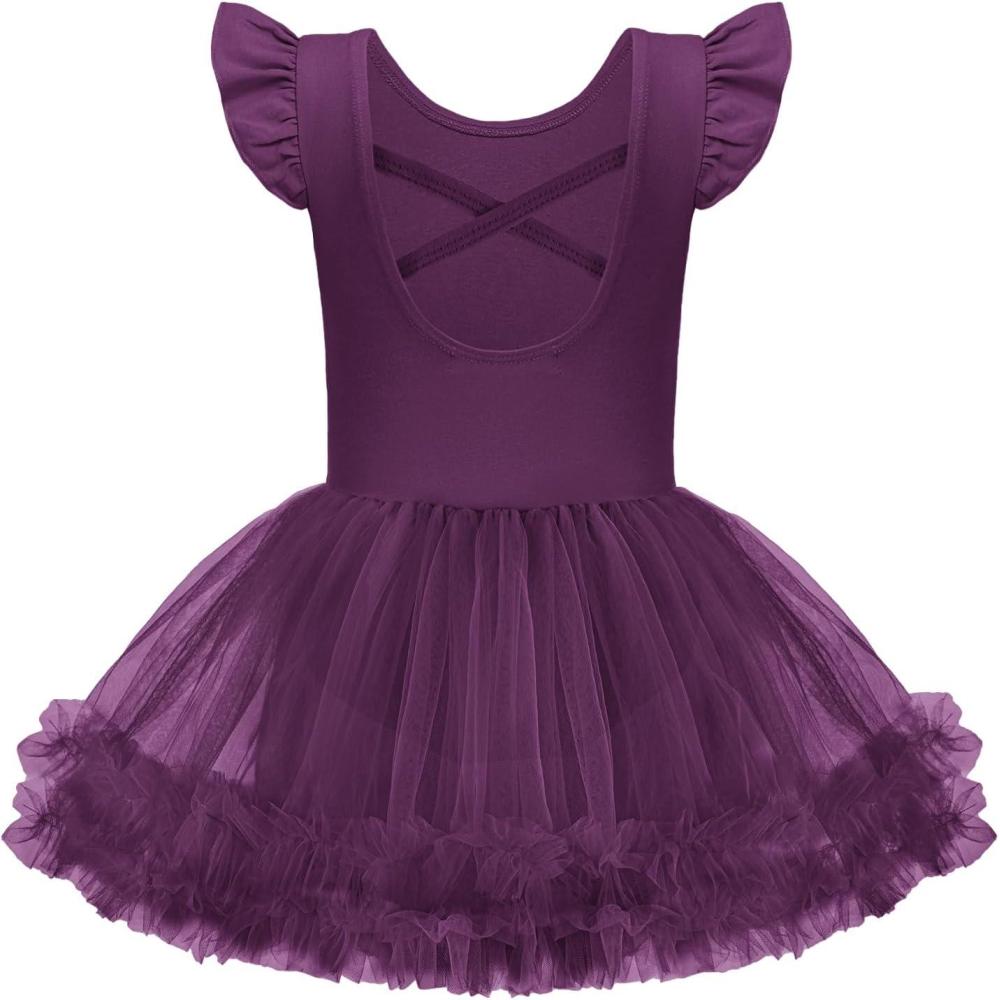 imageZaclotre Tutu Dance Dresses for Girls Ruffle Sleeve CrissCross Back Ballet Leotards Toddler Ballerina CostumeDark Purple