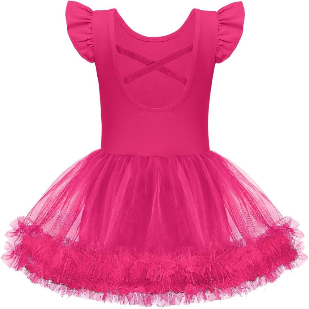 imageZaclotre Tutu Dance Dresses for Girls Ruffle Sleeve CrissCross Back Ballet Leotards Toddler Ballerina CostumeHot Pink