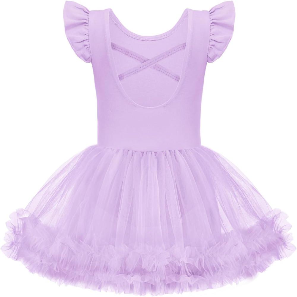 imageZaclotre Tutu Dance Dresses for Girls Ruffle Sleeve CrissCross Back Ballet Leotards Toddler Ballerina CostumeLavender