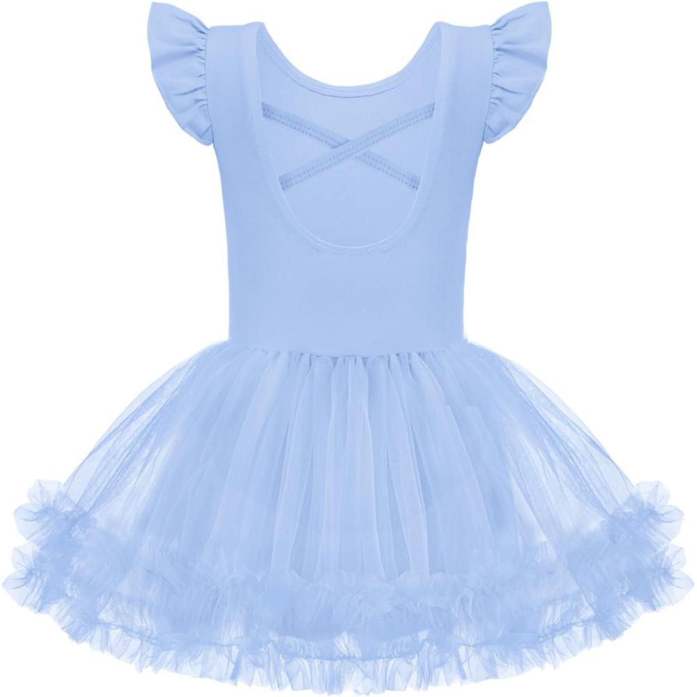 imageZaclotre Tutu Dance Dresses for Girls Ruffle Sleeve CrissCross Back Ballet Leotards Toddler Ballerina CostumeLight Blue