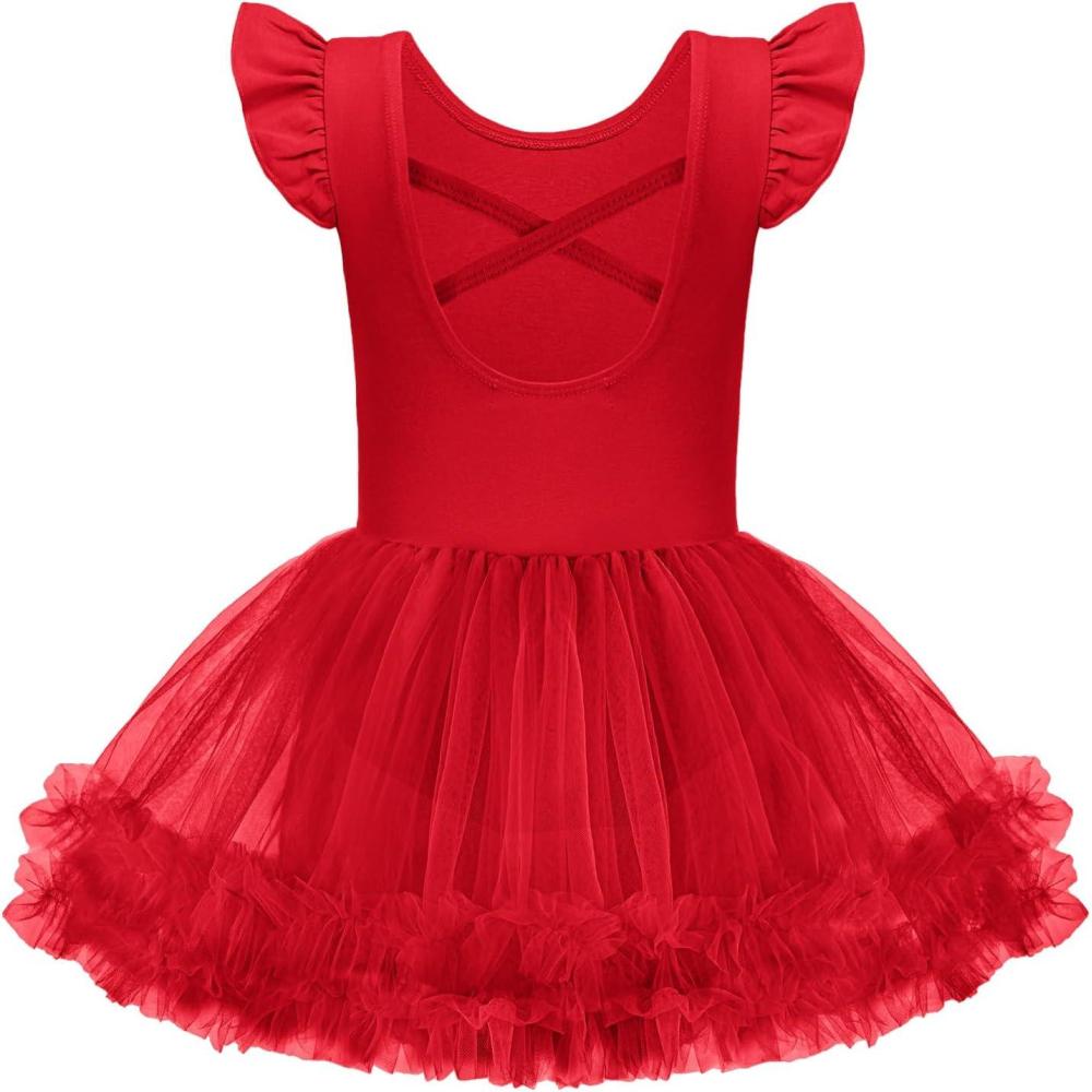 imageZaclotre Tutu Dance Dresses for Girls Ruffle Sleeve CrissCross Back Ballet Leotards Toddler Ballerina CostumeRed