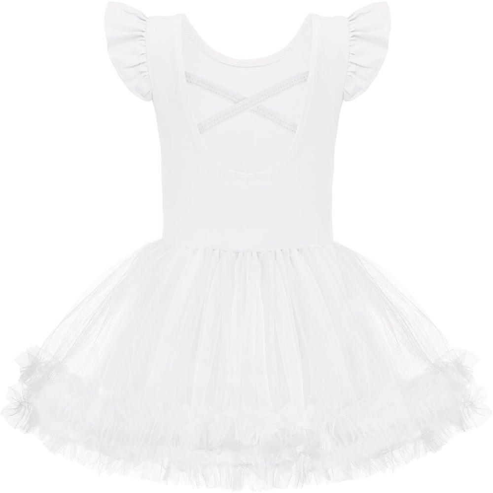 imageZaclotre Tutu Dance Dresses for Girls Ruffle Sleeve CrissCross Back Ballet Leotards Toddler Ballerina CostumeWhite