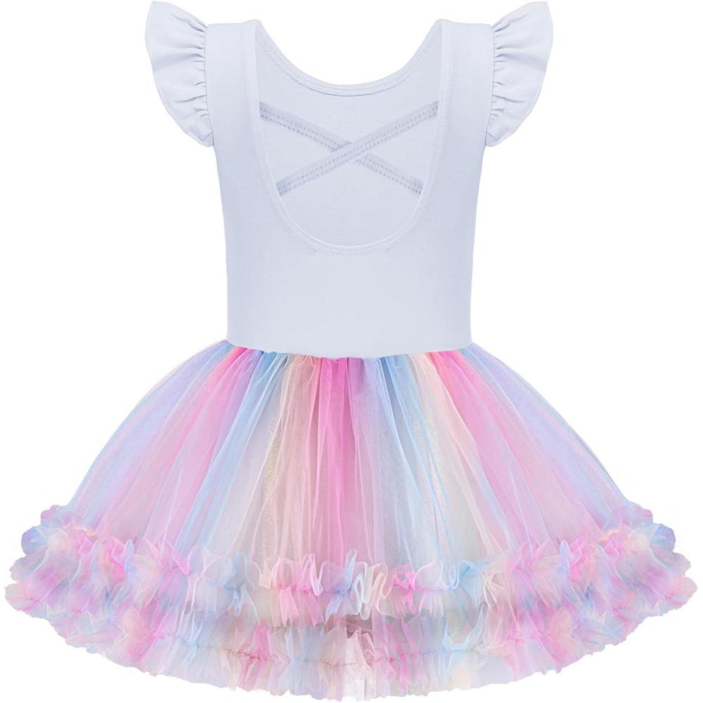 imageZaclotre Tutu Dance Dresses for Girls Ruffle Sleeve CrissCross Back Ballet Leotards Toddler Ballerina CostumeWhiterainbow