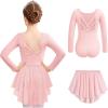 Zaclotre Ballet Leotards for Girls Long Sleeve Crisscross Back Dance Outfit with Removable Shiny Skirt Leotard Combo(Ballet Pink)