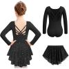 Zaclotre Ballet Leotards for Girls Long Sleeve Crisscross Back Dance Outfit with Removable Shiny Skirt Leotard Combo(Black)