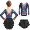 Zaclotre Ballet Leotards for Girls Long Sleeve Crisscross Back Dance Outfit with Removable Shiny Skirt Leotard Combo(Black Gradient)