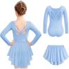 Zaclotre Ballet Leotards for Girls Long Sleeve Crisscross Back Dance Outfit with Removable Shiny Skirt Leotard Combo(Blue)