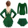 Zaclotre Ballet Leotards for Girls Long Sleeve Crisscross Back Dance Outfit with Removable Shiny Skirt Leotard Combo(Dark Green)